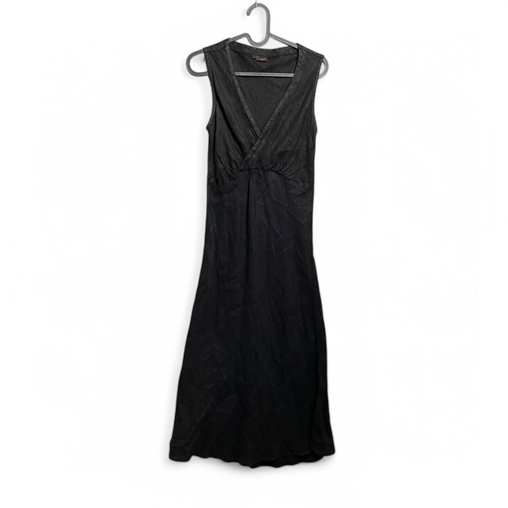 Black Linen Maxi Dress Sleeveless V Neck A Line Babydoll Long Flowy Casual XS